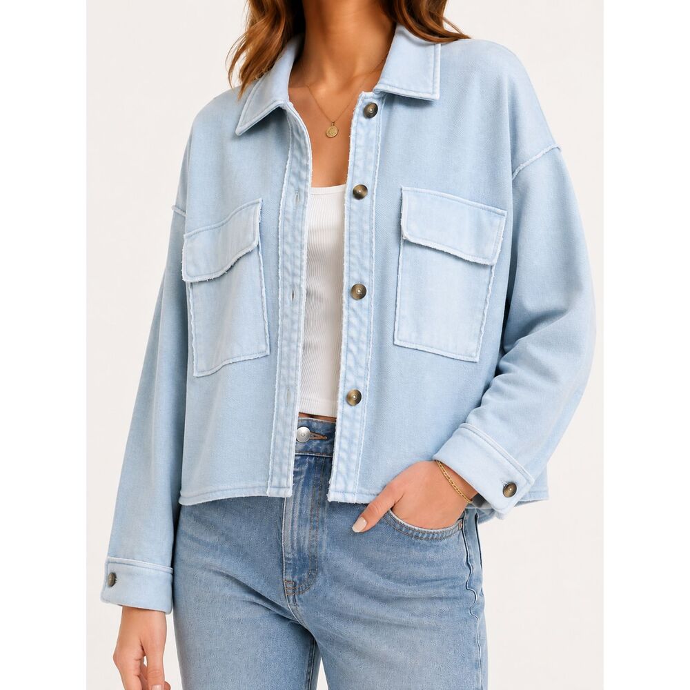 Fate 100% Cotton Light Blue French Terry Shacket Jacket Raw Edge Cropped Small
